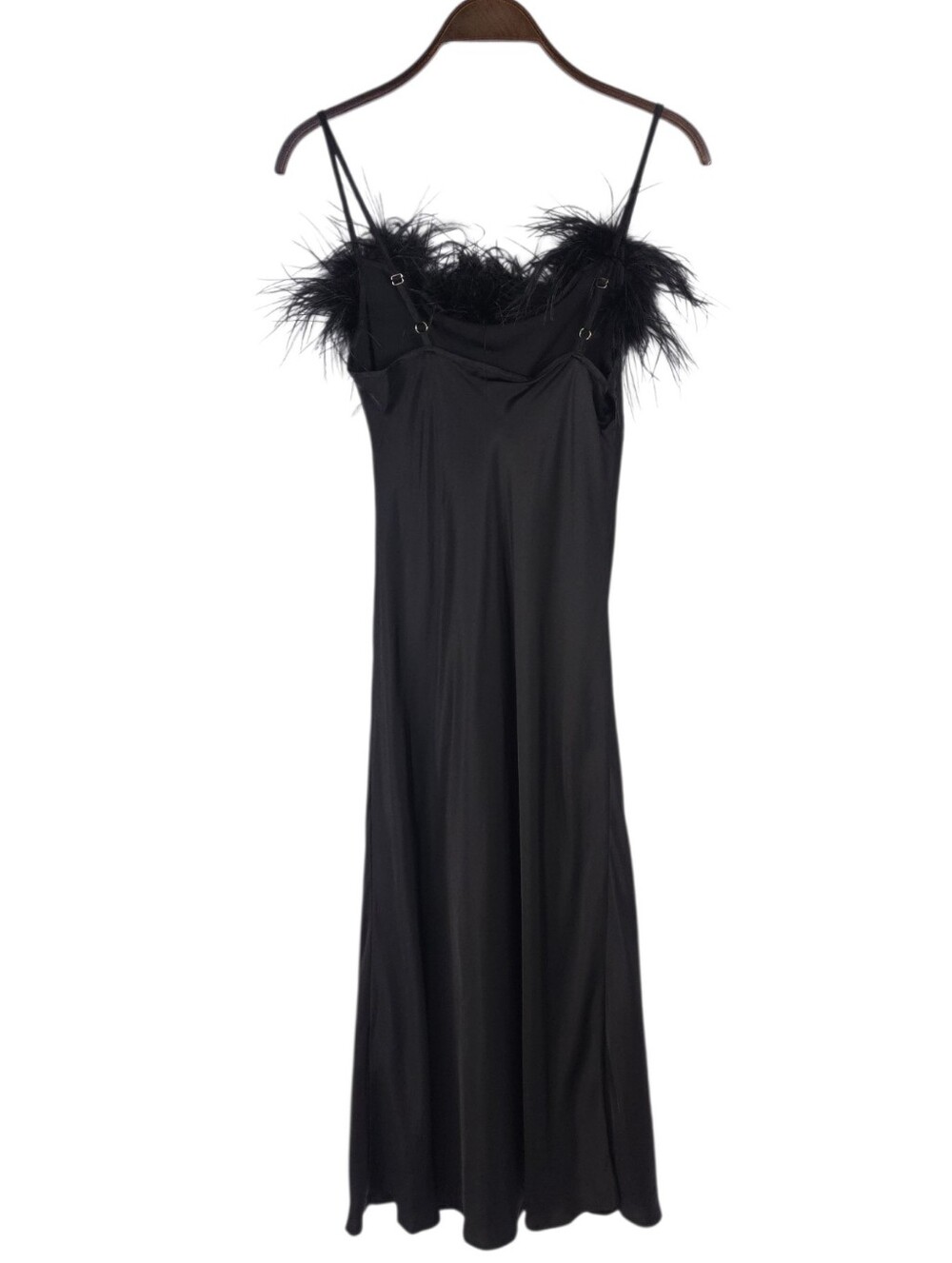 Sleeper Boheme Satin Midi Slip Dress Black Ostrich Feather Trim - Picture 7 of 12